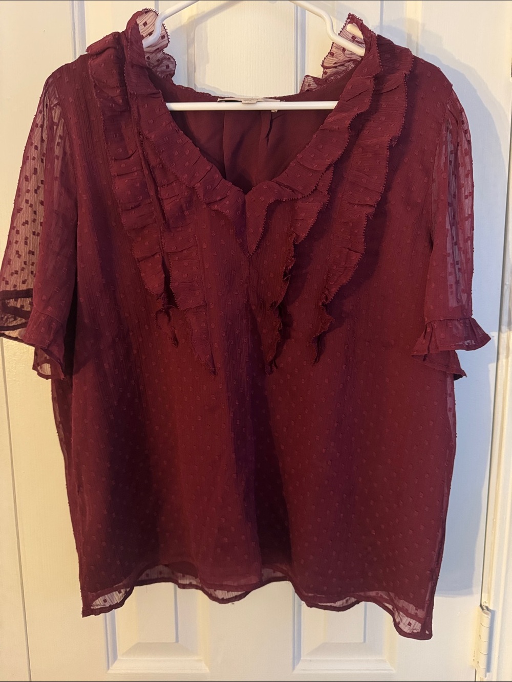 Loft Ruffled Burgundy Dot Blouse - Feminine Short Sleeve Top